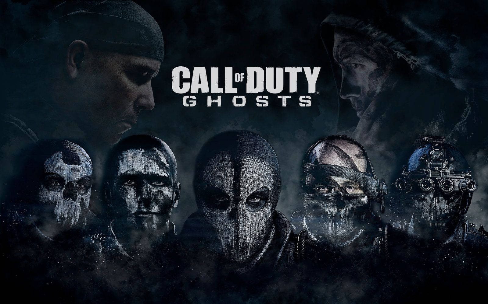 Call 桌布 壁紙 — 六名戴面具的士兵在黑暗煙霧中，'Call of Duty Ghosts' 標題在陰影背景下發出白色光芒。