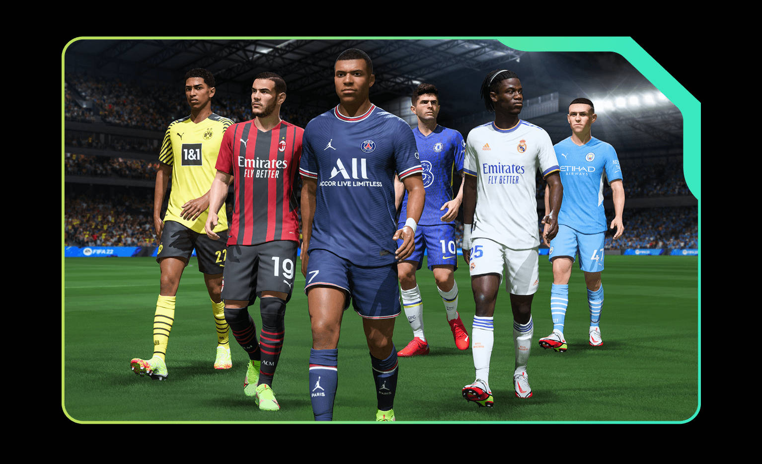 Ac Milan 桌布 壁紙 — 六名精英足球運動員身穿鮮豔的隊服，在球場燈光下自信地走過翠綠的草地。