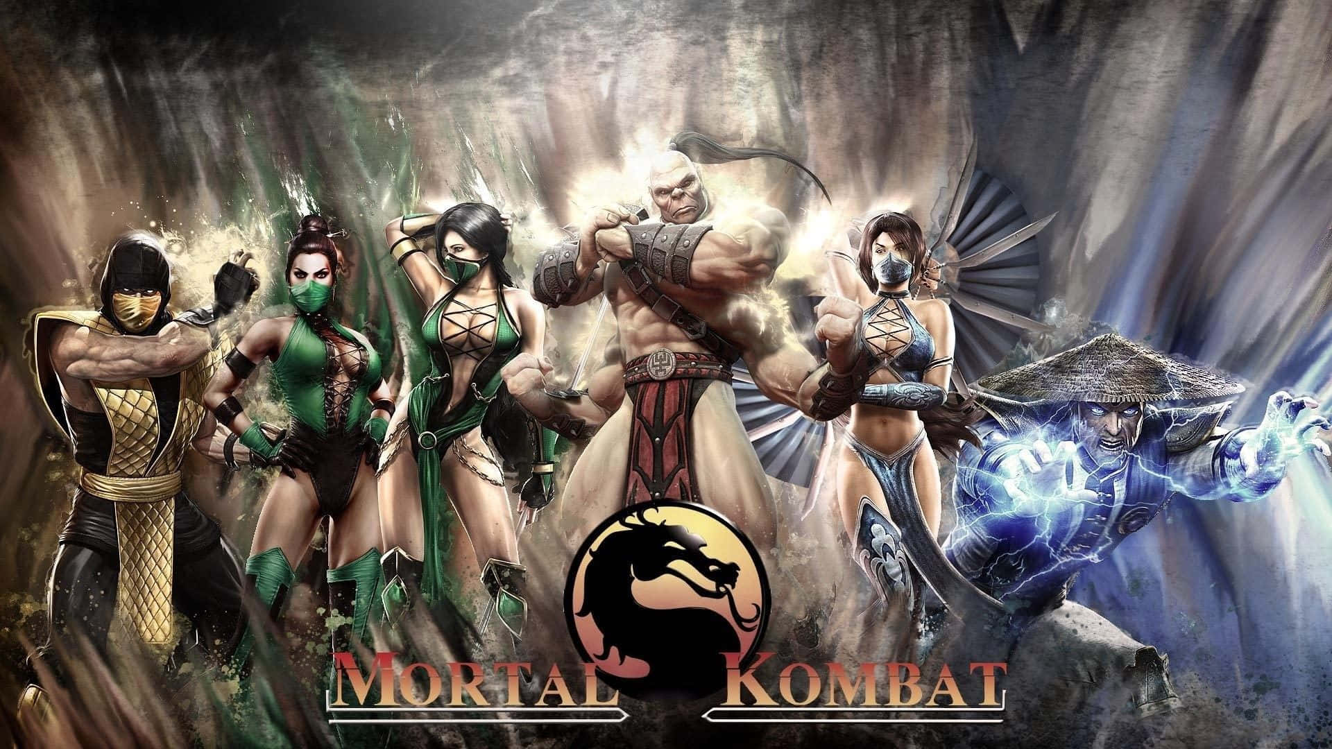 Mortal Kombat Goro 桌布 壁紙 — 六名肌肉發達的戰士身穿戰鬥裝備，在暴風雨背景中英勇站立，帶有發光能量效果和Mortal Kombat標誌。