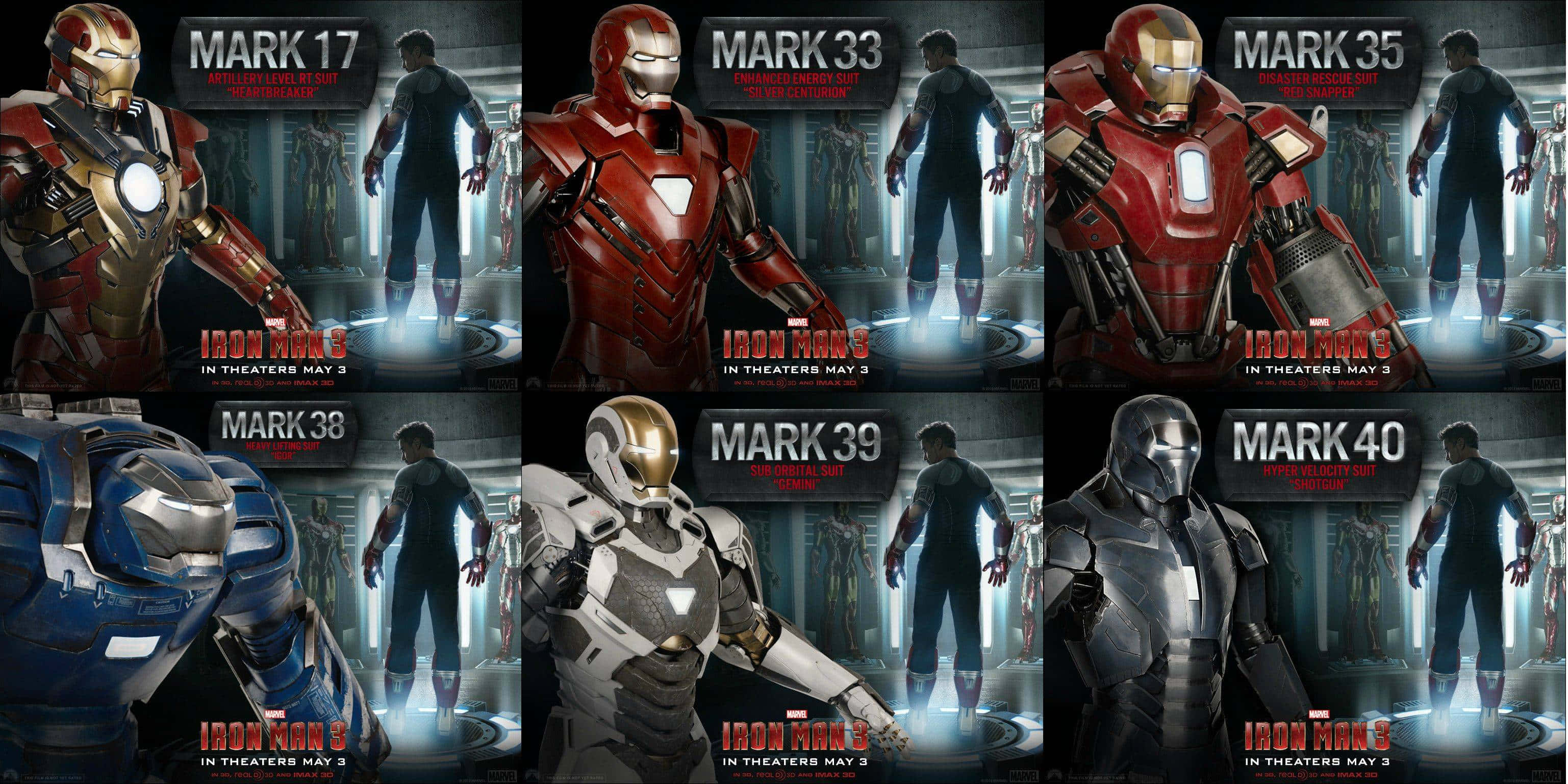 Iron Man Suit 桌布 壁紙 — 六套 Iron Man 戰甲，從 Mark 17 到 Mark 40，以網格顯示，帶有發光的弧形反應器和黑暗的實驗室背景。