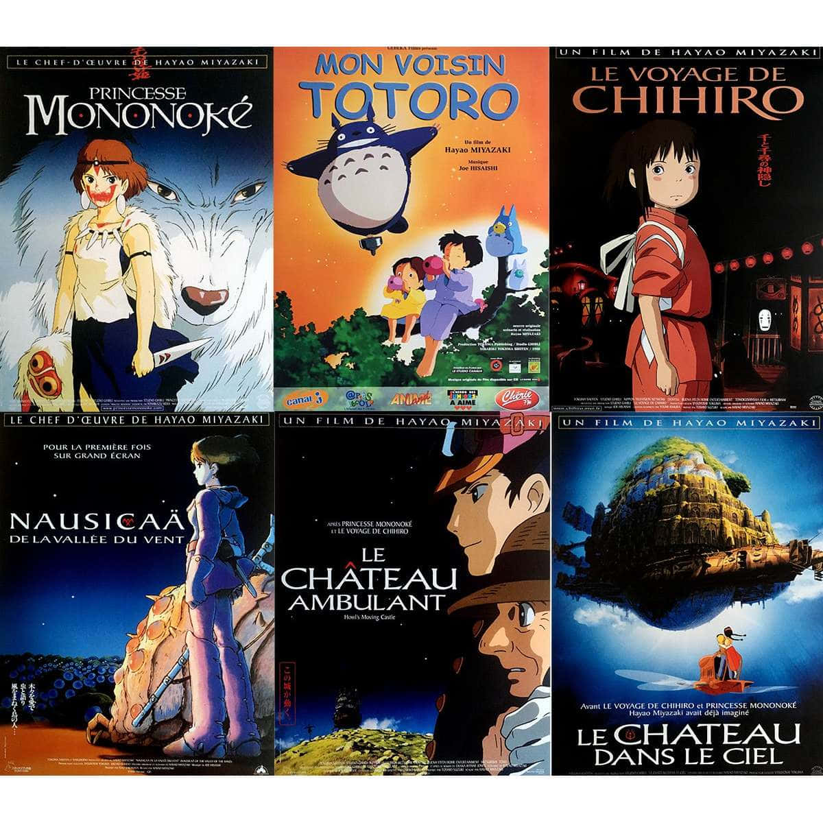 Hayao Miyazaki Movies 桌布 壁紙 — 六張宮崎駿電影海報，包括幽靈公主、龍貓、千尋、風之谷、天空之城和天空之城，以充滿活力的動漫藝術呈現。