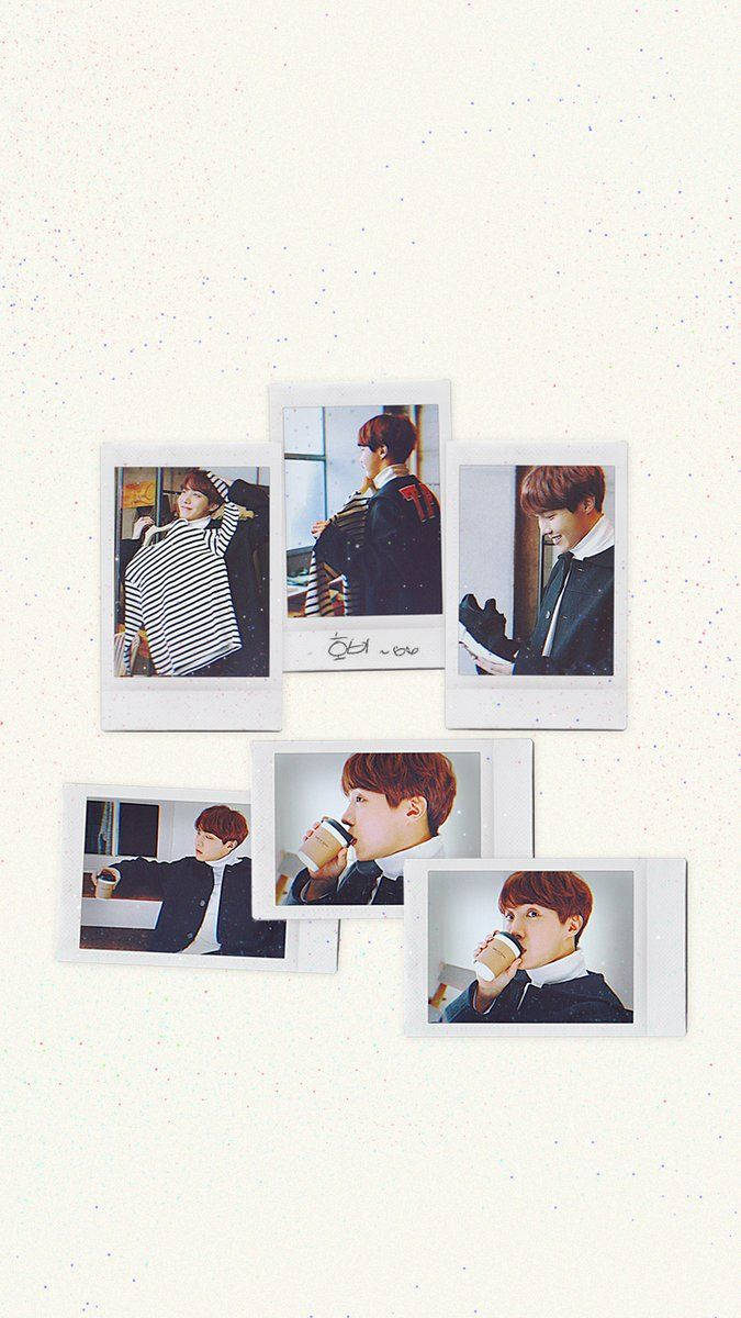 BTS J-hope Polaroids 壁紙 — 六張寶麗來風格的照片，展示一位年輕男子以各種姿勢和服裝排列在斑駁的米白色牆上。