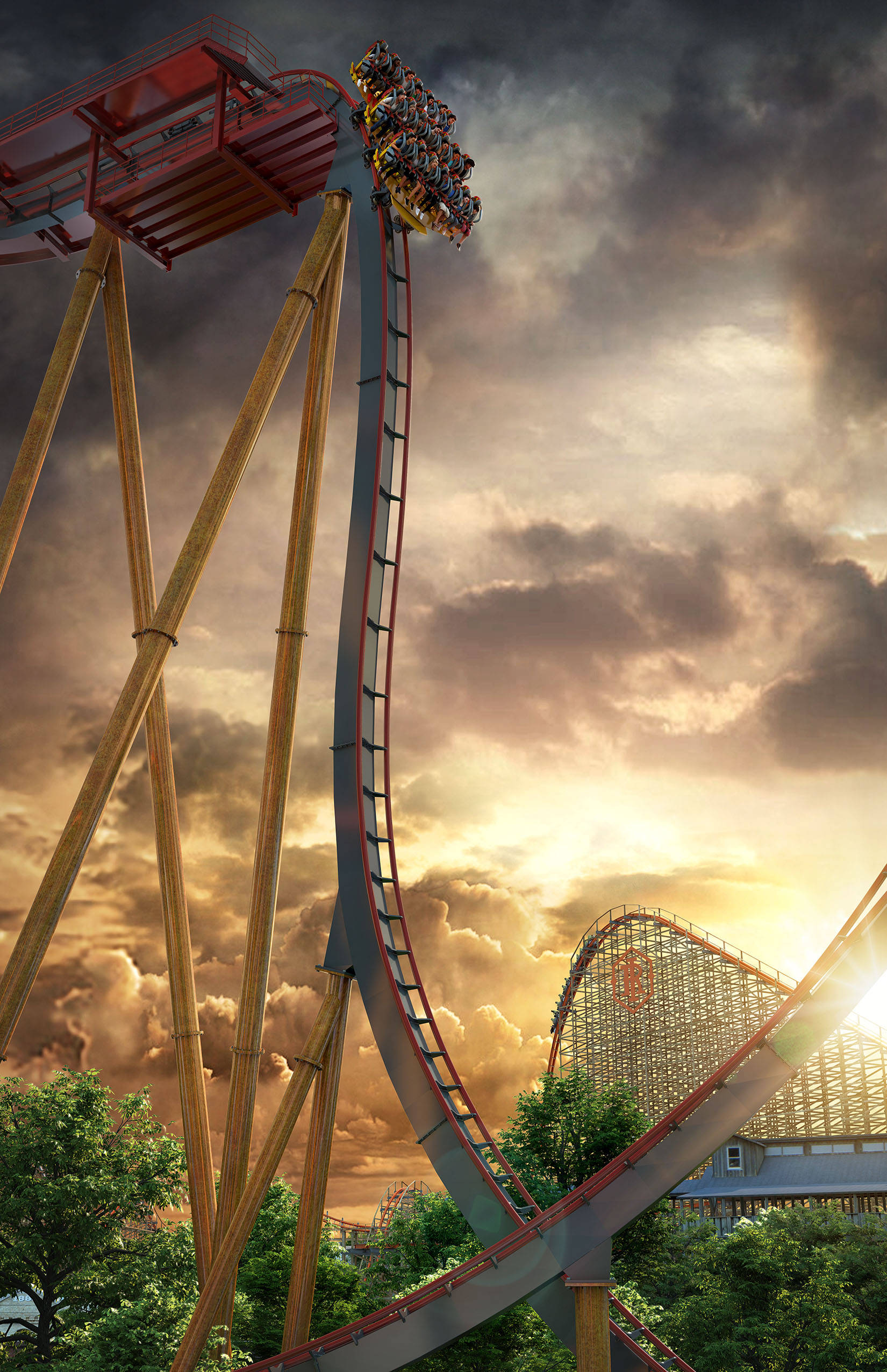 六旗德州 壁紙 — 一個刺激的過山車在戲劇性的日落天空下攀升，乘客在 towering drop 的頂端尖叫。