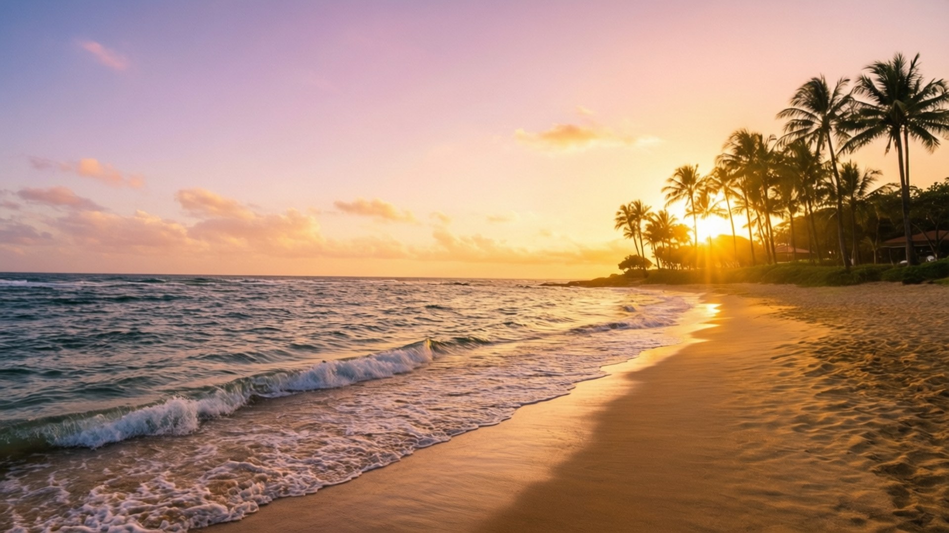 熱帶海灘上的夕陽，有棕櫚樹和輕柔的海浪