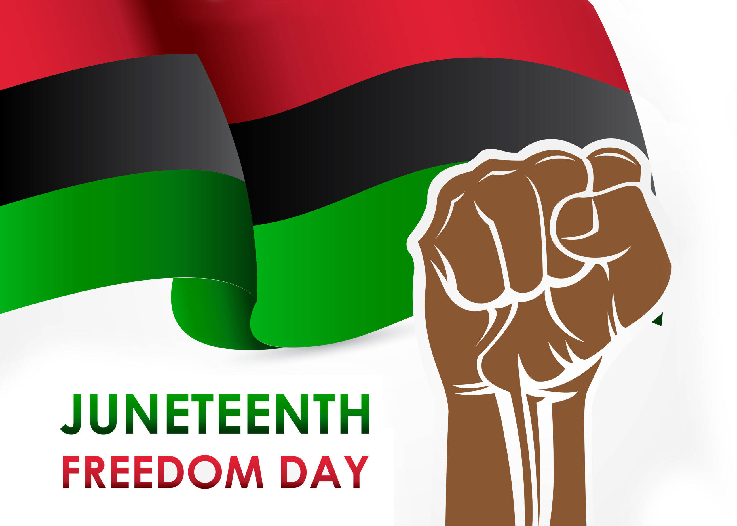 六月獨立日（Juneteenth）自由日 壁紙 — 一隻帶有白色輪廓的棕色舉起拳頭，大膽地站在一面飄揚的六月節旗幟旁，旗幟上有紅、黑、綠條紋。