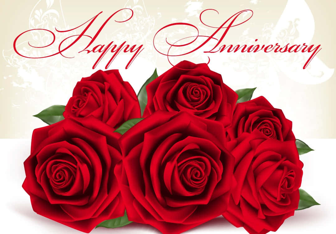 紅玫瑰與綠葉，下方有 'Happy Anniversary' 文字，用於慶祝。