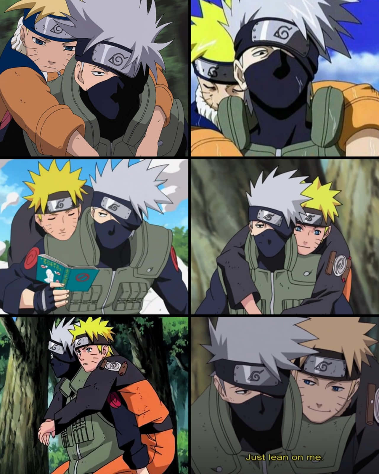 Kakashi And Naruto 桌布 壁紙 — 六格動漫場景，顯示鳴人和卡卡西在森林中分享溫馨時刻，卡卡西安慰鳴人。