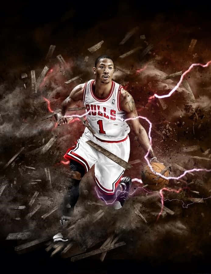 六次NBA全明星德里克·羅斯 壁紙 — 一名身穿公牛隊球衣的籃球運動員衝破木碎，周圍有電能噼啪作響。