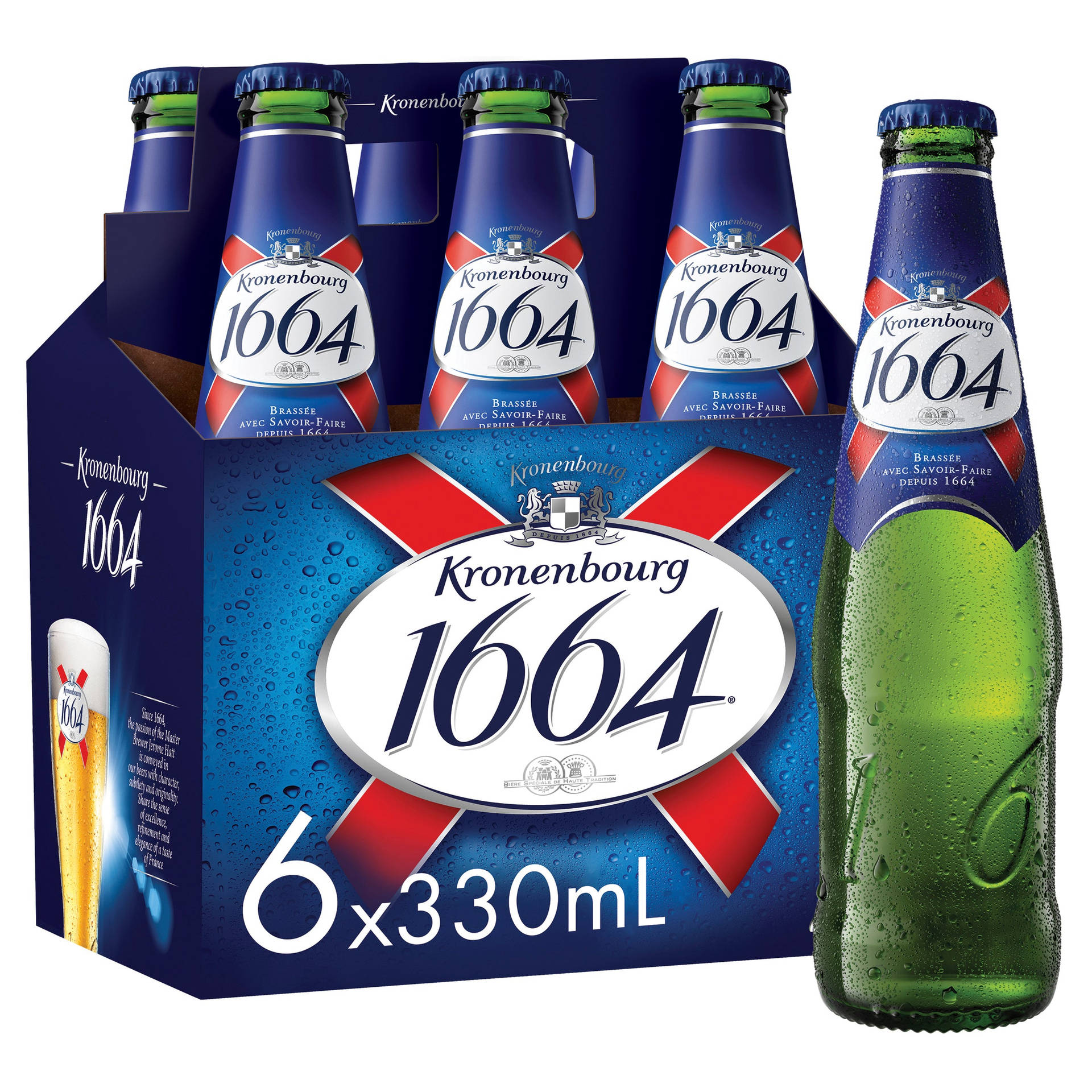 六罐裝Kronenbourg 1664啤酒，瓶身和盒上有冷凝水珠。