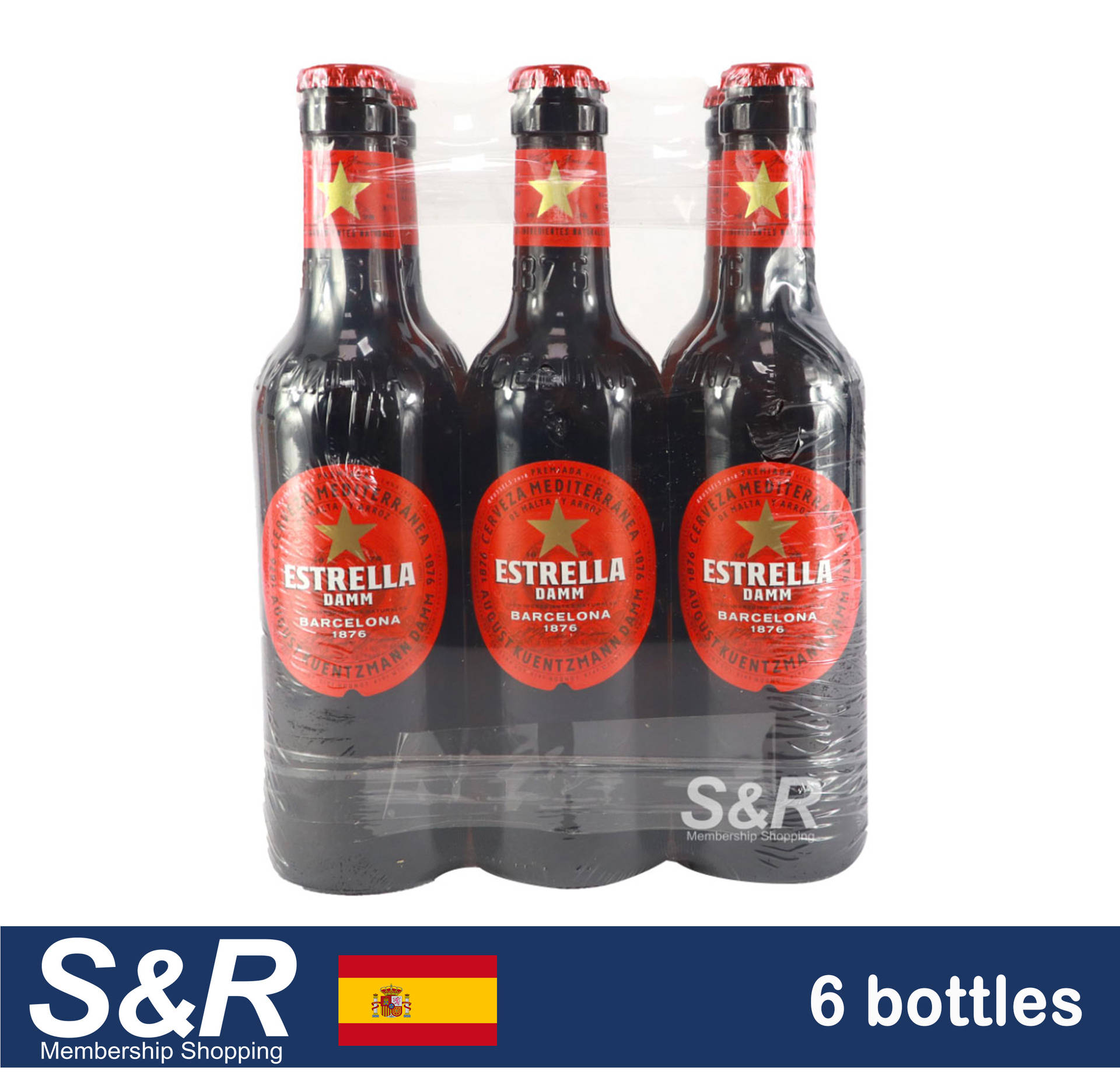 六個Estrella Damm啤酒瓶以透明塑膠包裝，帶有S&R商店品牌標誌。