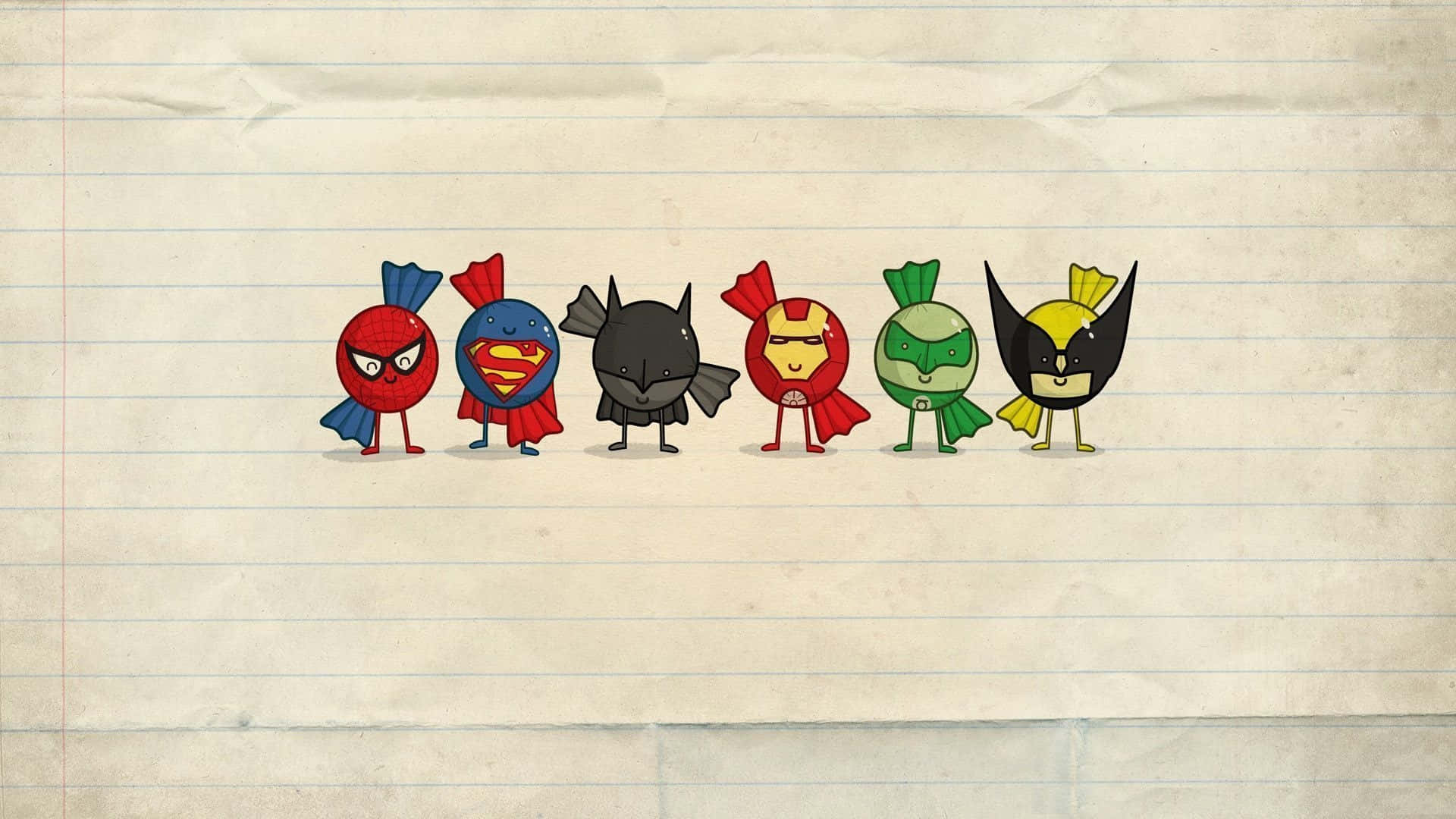 Animated Superhero Movies 桌布 壁紙 — 六粒卡通超級英雄糖果穿著標誌性服裝，排成一排站在有皺紋紋理的橫線筆記本紙上。