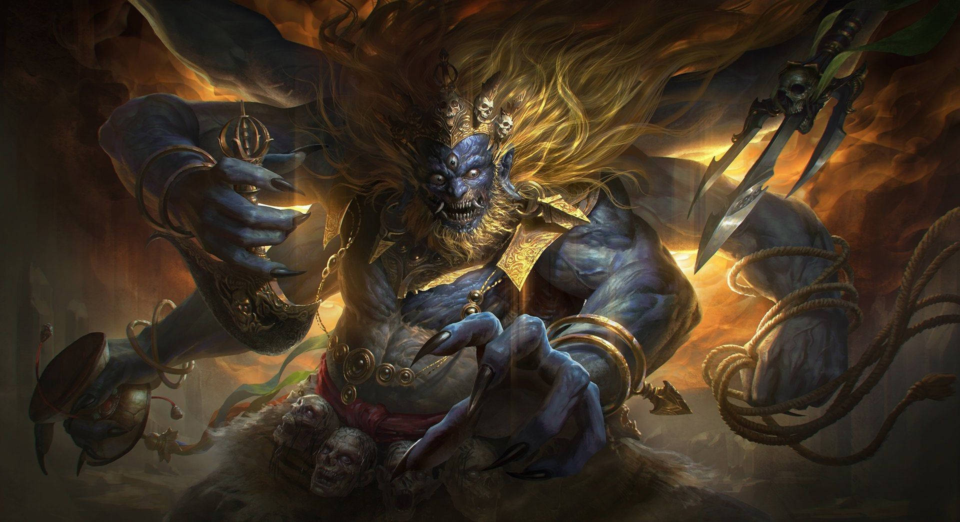 藍皮膚的惡魔，金色頭髮，在火焰場景中揮舞武器和頭骨。