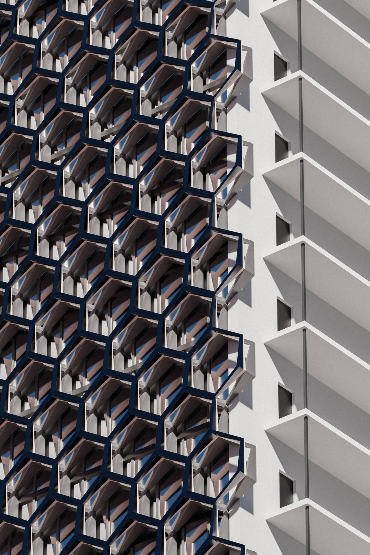 具有六角形露台和銳利陰影的現代建築物