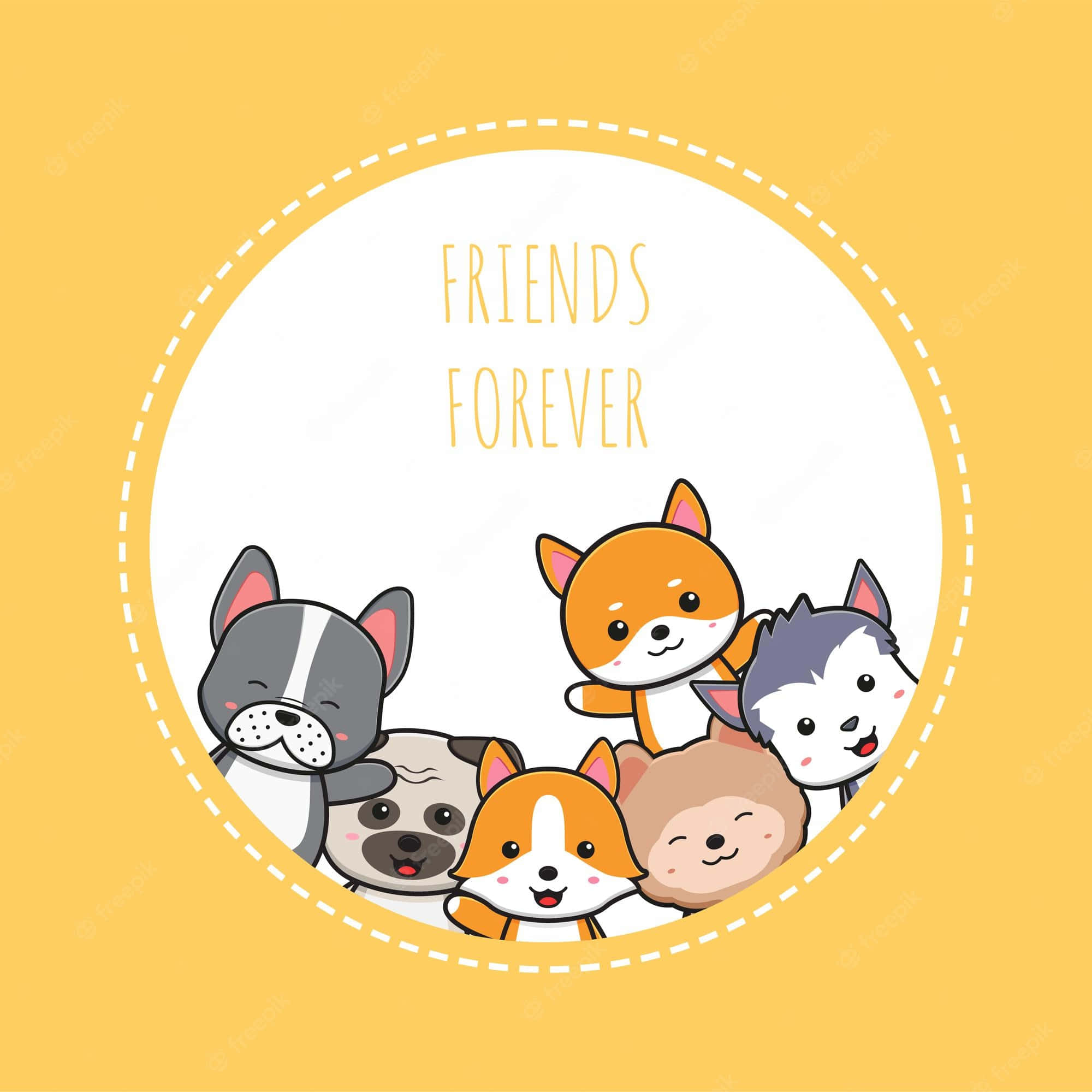 Cute Puppies 桌布 壁紙 — 六隻可愛卡通狗笑臉相擁，在溫暖黃色背景上形成一個歡樂的圓圈。