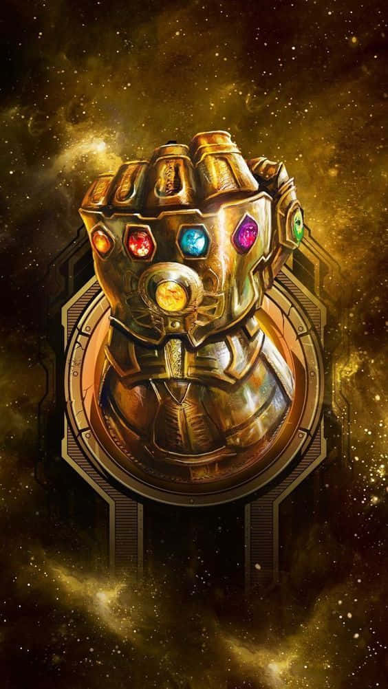 金色無限手套，六顆彩色寶石在繁星宇宙場景中漂浮。