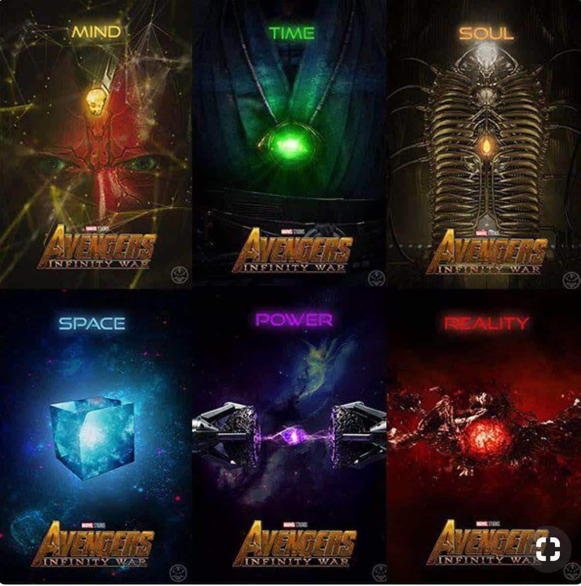 Power Stone 桌布 壁紙 — 六顆無限寶石，每顆在黑暗宇宙環境中散發獨特能量，標記為心靈、時間、靈魂、空間、力量、現實。