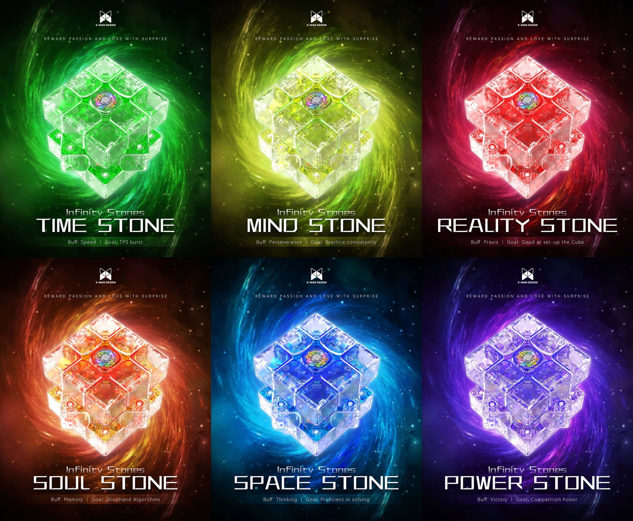 Mind Stone 桌布 壁紙 — 六顆發光的六邊形石頭，每顆散發出不同的顏色，並在宇宙背景上標有其名稱。