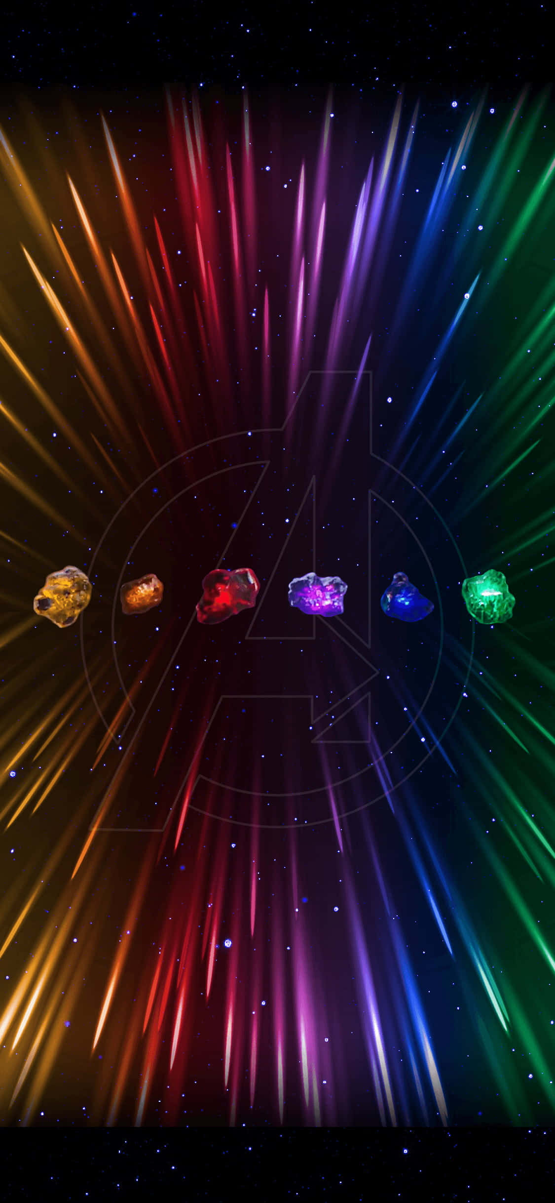 Infinity Gems 桌布 壁紙 — 六顆色彩繽紛的無限寶石在星光熠熠的宇宙虛空中散發出鮮豔的光束，並帶有微弱的復仇者聯盟標誌。