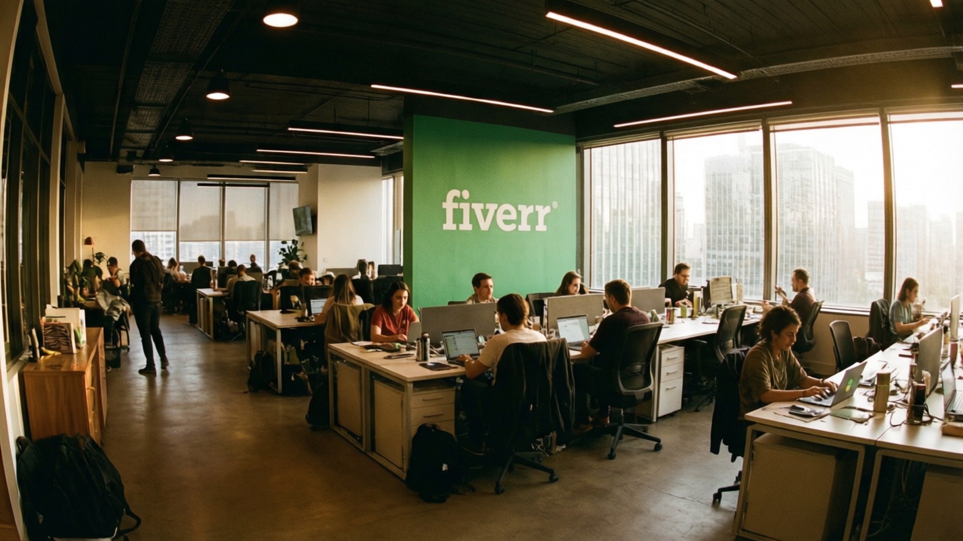 員工在現代辦公室的工作桌前，享有城市景觀和綠色Fiverr品牌標誌。