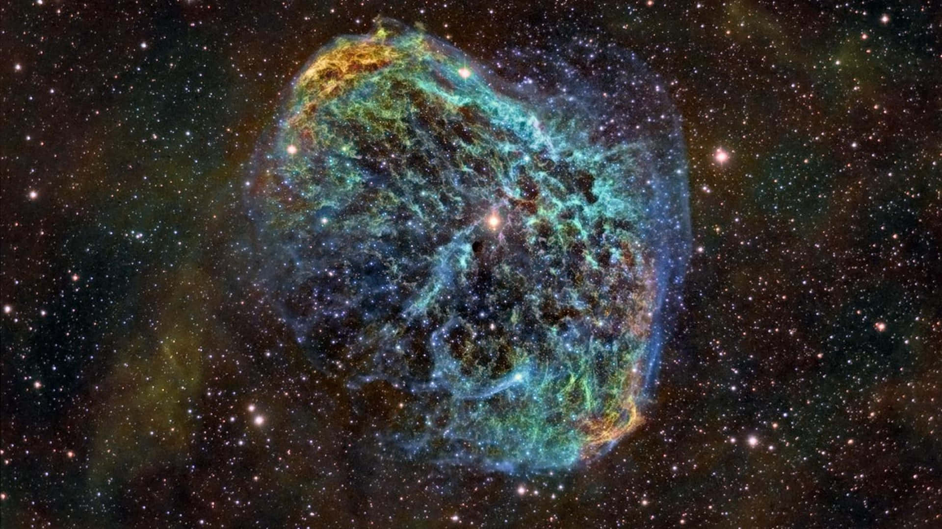 在深空遙遠恆星中發光的充滿活力的青綠色和金色星雲。