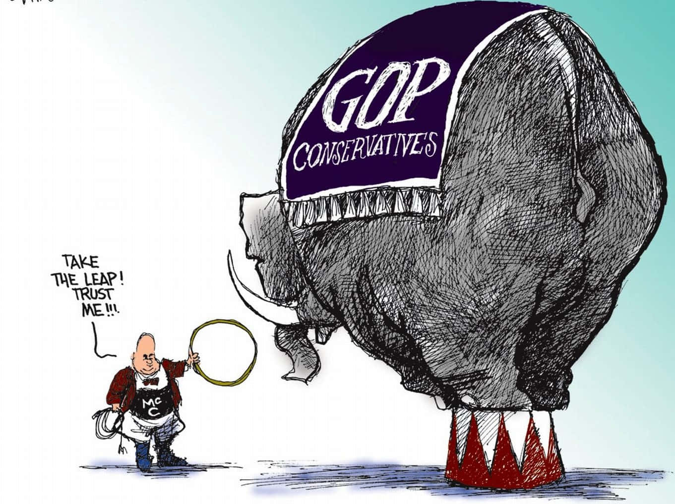 一個矮人向一隻標有 GOP Conservatives 並站在紅色尖刺上的巨型犀牛獻上戒指。