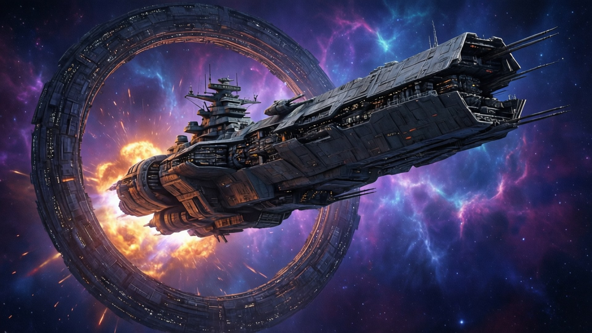 共約戰鬥巡洋艦剪影 壁紙 — 一艘巨大的未來太空船從發光的宇宙環中出現，背景是充滿紫色、藍色和橙色色調的鮮豔星雲。