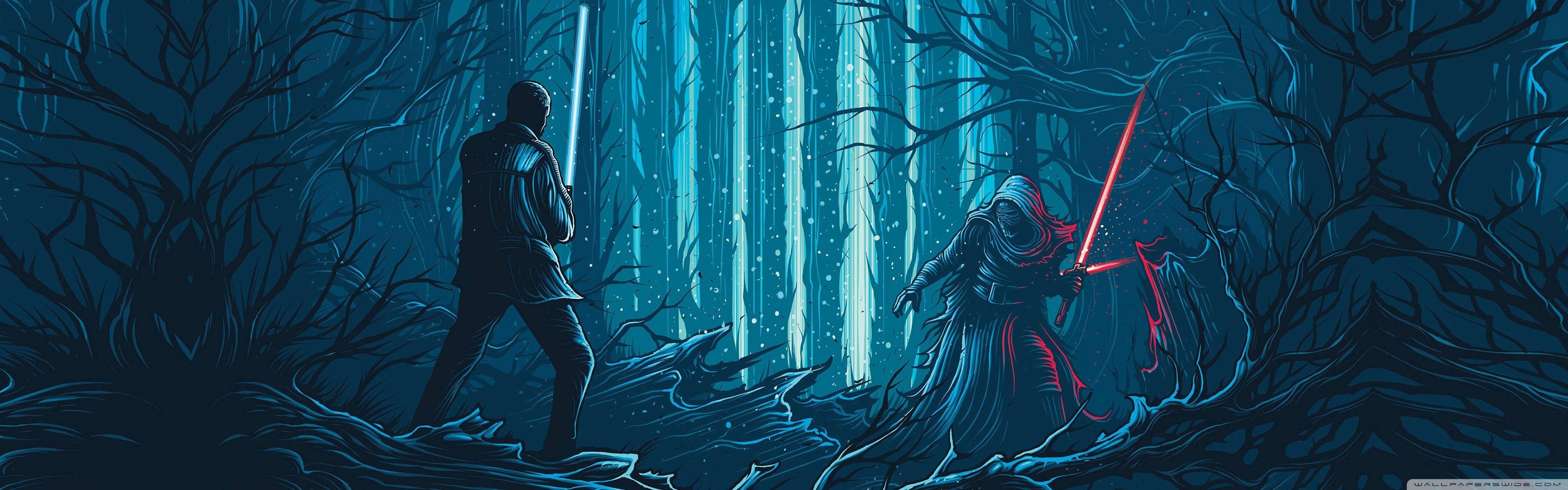 兩個戰士在雪夜森林中用激光劍交鋒。