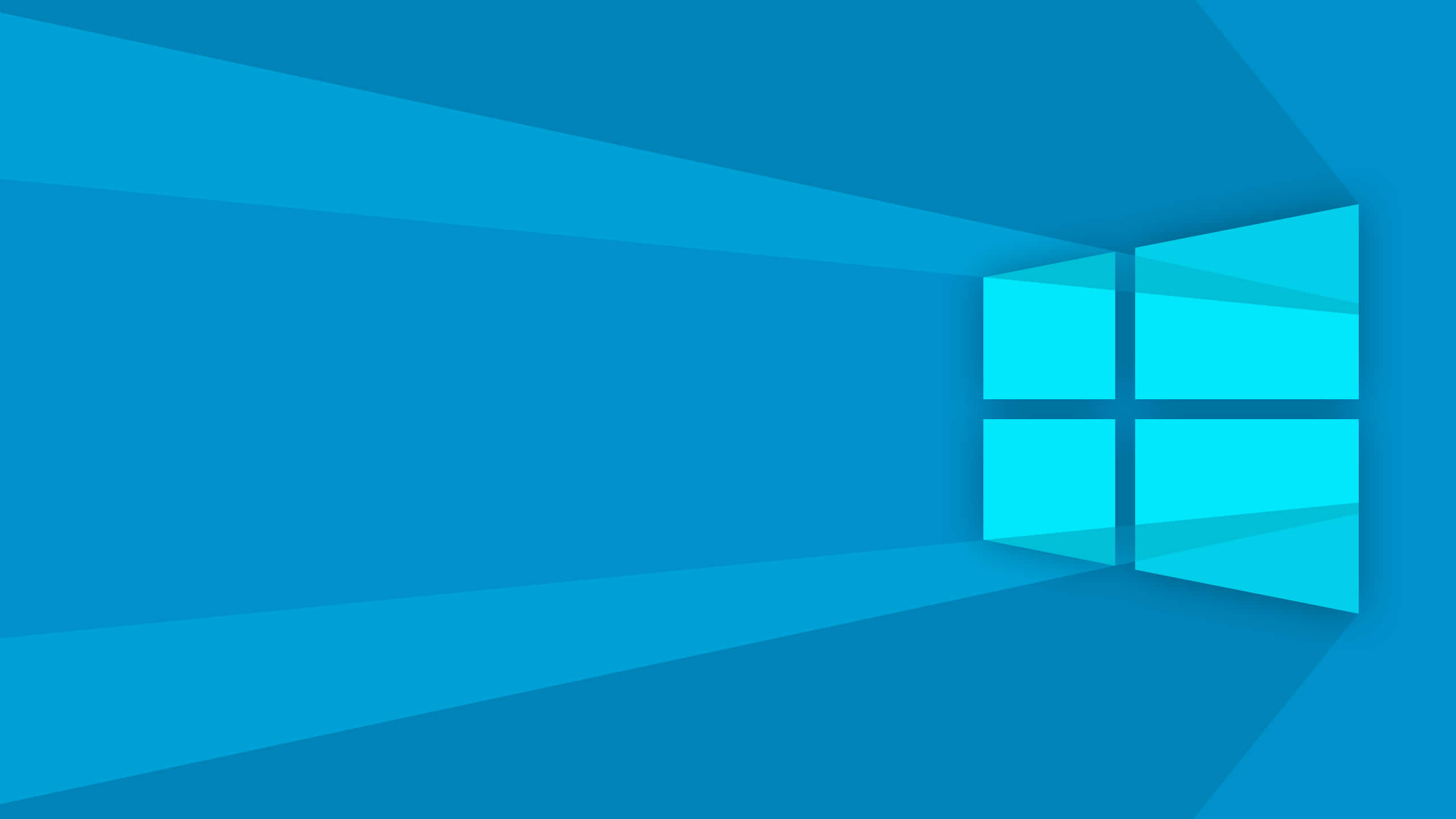 具備任務檢視功能的 Windows 10 桌面 壁紙 — 一個極簡的藍色抽象房間，窗戶形狀像Windows標誌，投射出幾何光線。