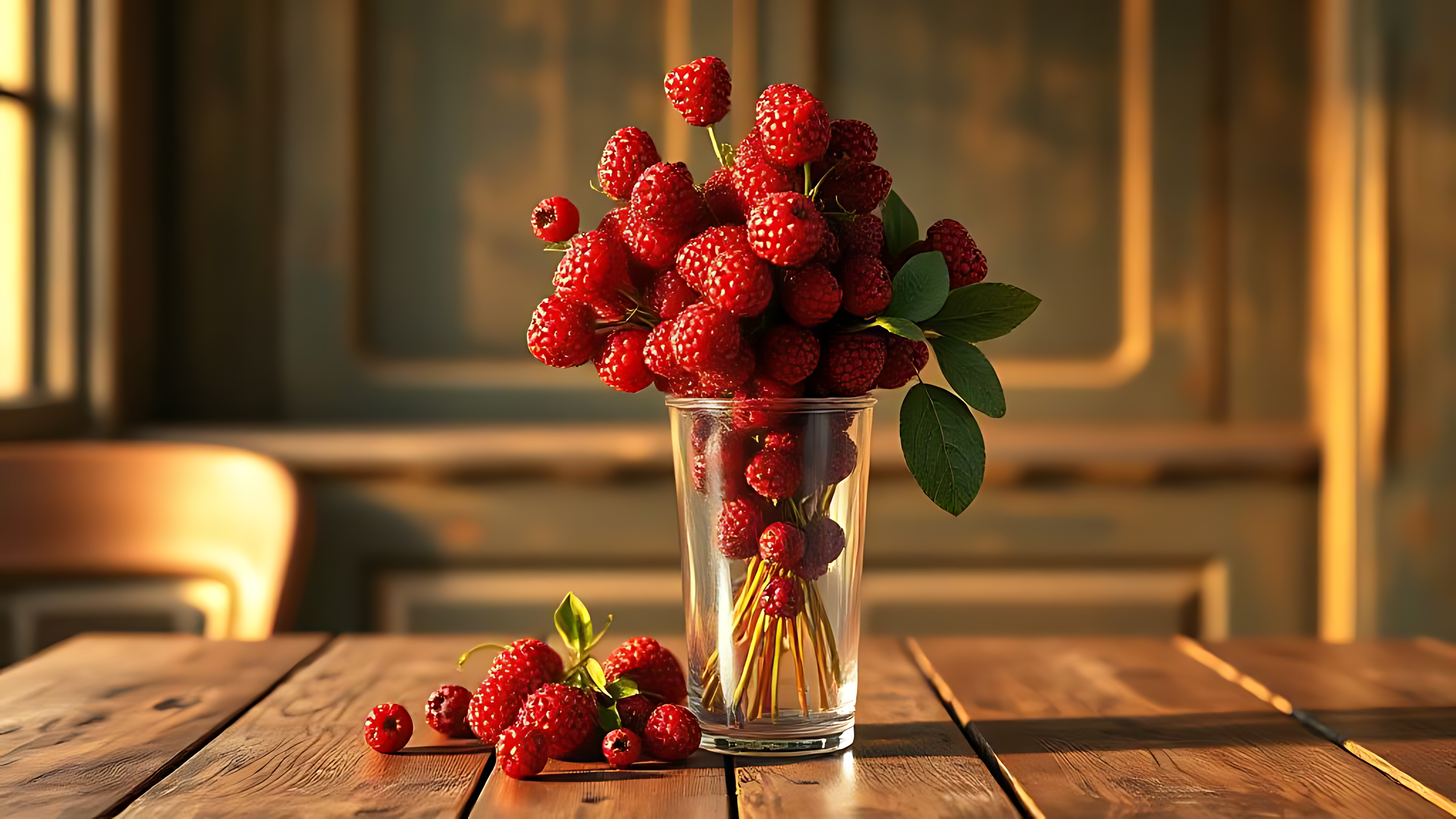 典雅房間中的紅色花卉花瓶 壁紙 — 一個玻璃花瓶裝滿了鮮紅色的覆盆子和綠葉，放在一張質樸的木桌上，沐浴在溫暖的金色陽光中。