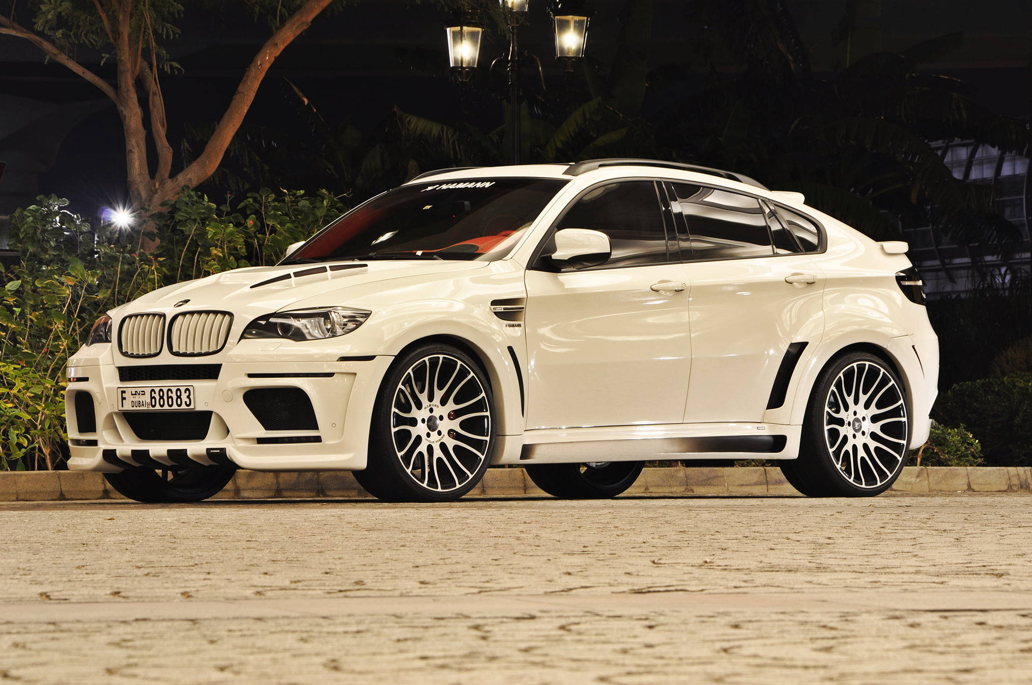 典雅白色BMW X6 M 壁紙 — 一輛純白色的BMW X6M運動型多功能車在夜燈下閃閃發光，停泊在石砌車道上，周圍環繞著茂密的綠植。