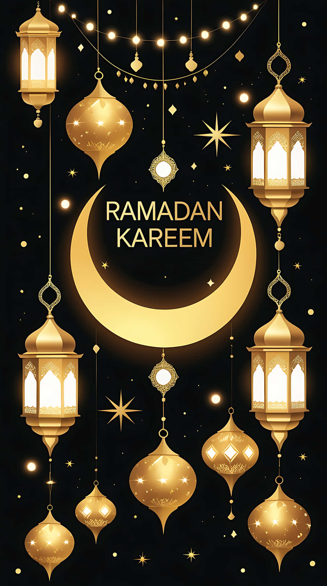 金色燈籠和裝飾品懸掛在繁星點點的夜空中，伴隨著彎月和Ramadan Kareem文字。