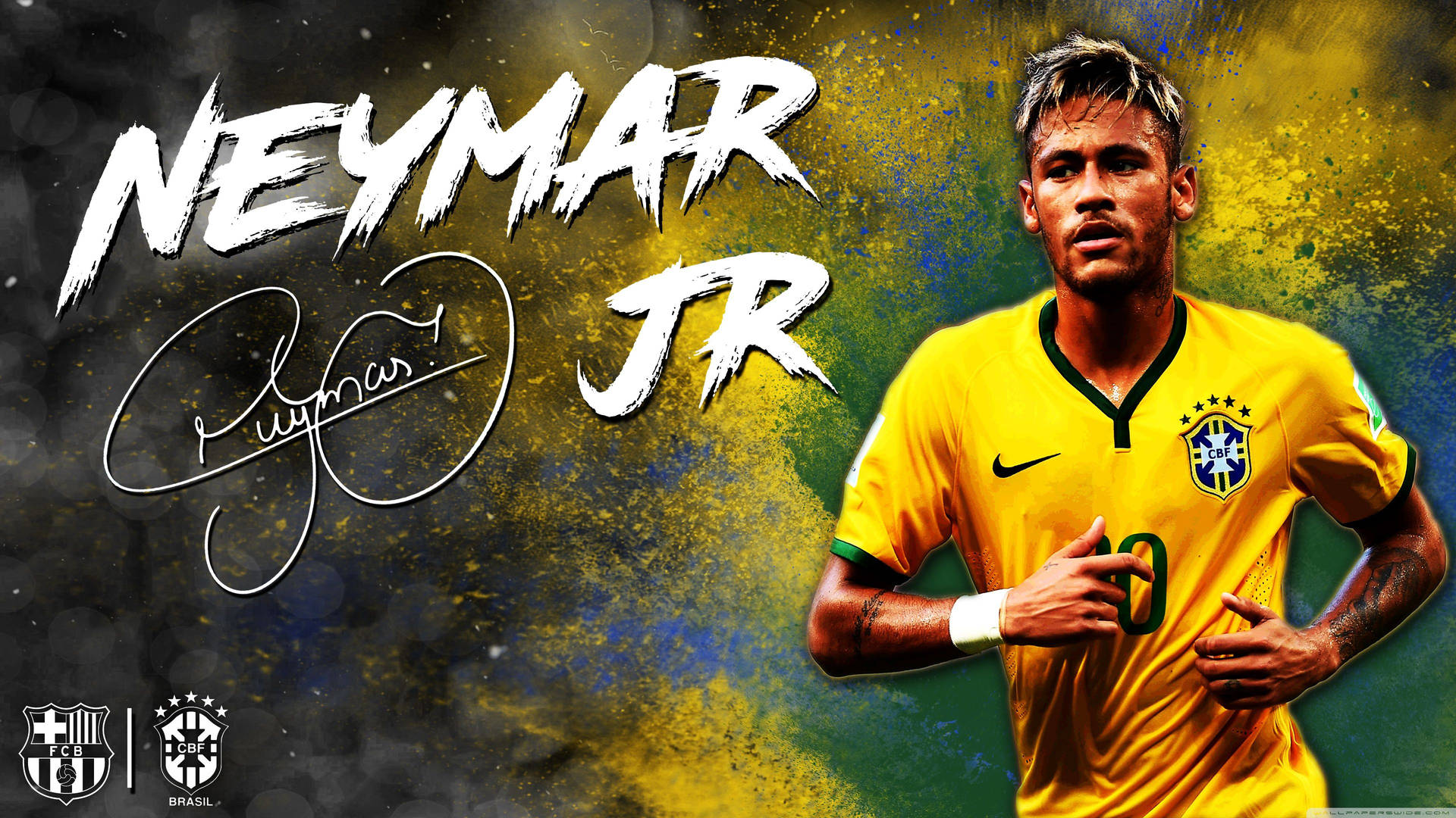 尼馬(Neymar Jr)身穿巴西國家隊球衣，附有簽名和球會標誌。