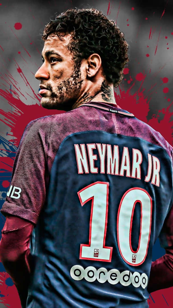 内马尔超高清足球球衣編輯版 壁紙 — 尼馬（Neymar Jr）身穿巴黎聖日耳曼球衣的粗獷特寫，背後有紅色油漆飛濺。