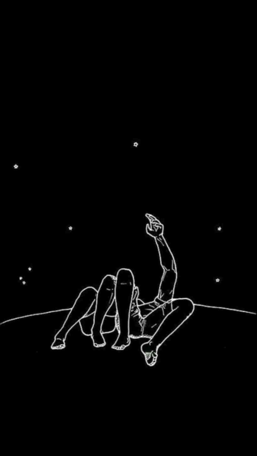 一個人躺在彎曲的地平線上，以極簡線條藝術風格指向星星。