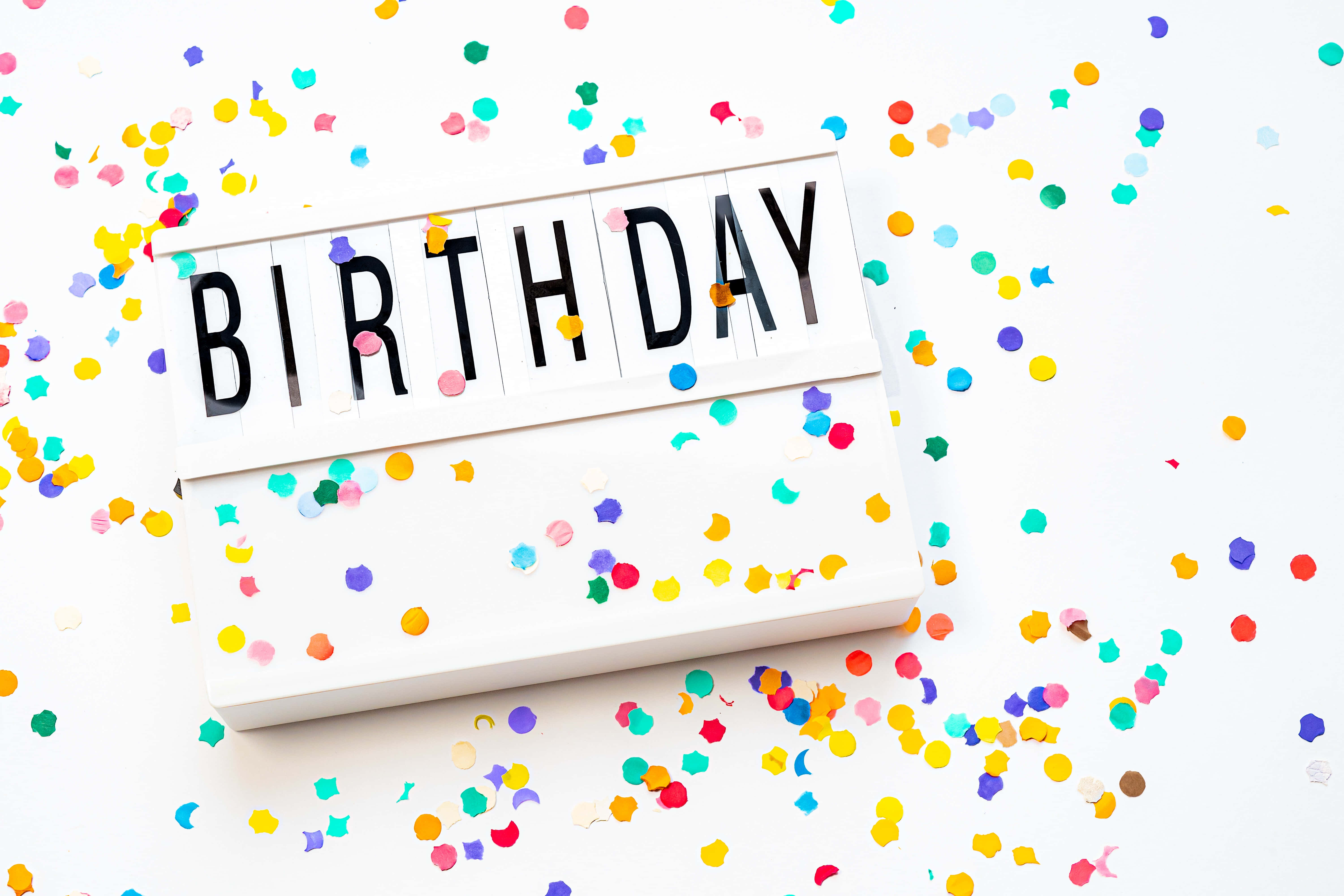 再次慶祝生日快樂！ 壁紙 — 一個白色燈箱，以粗體黑色字母顯示「BIRTHDAY」，周圍有彩色紙屑散落在明亮的白色表面上。