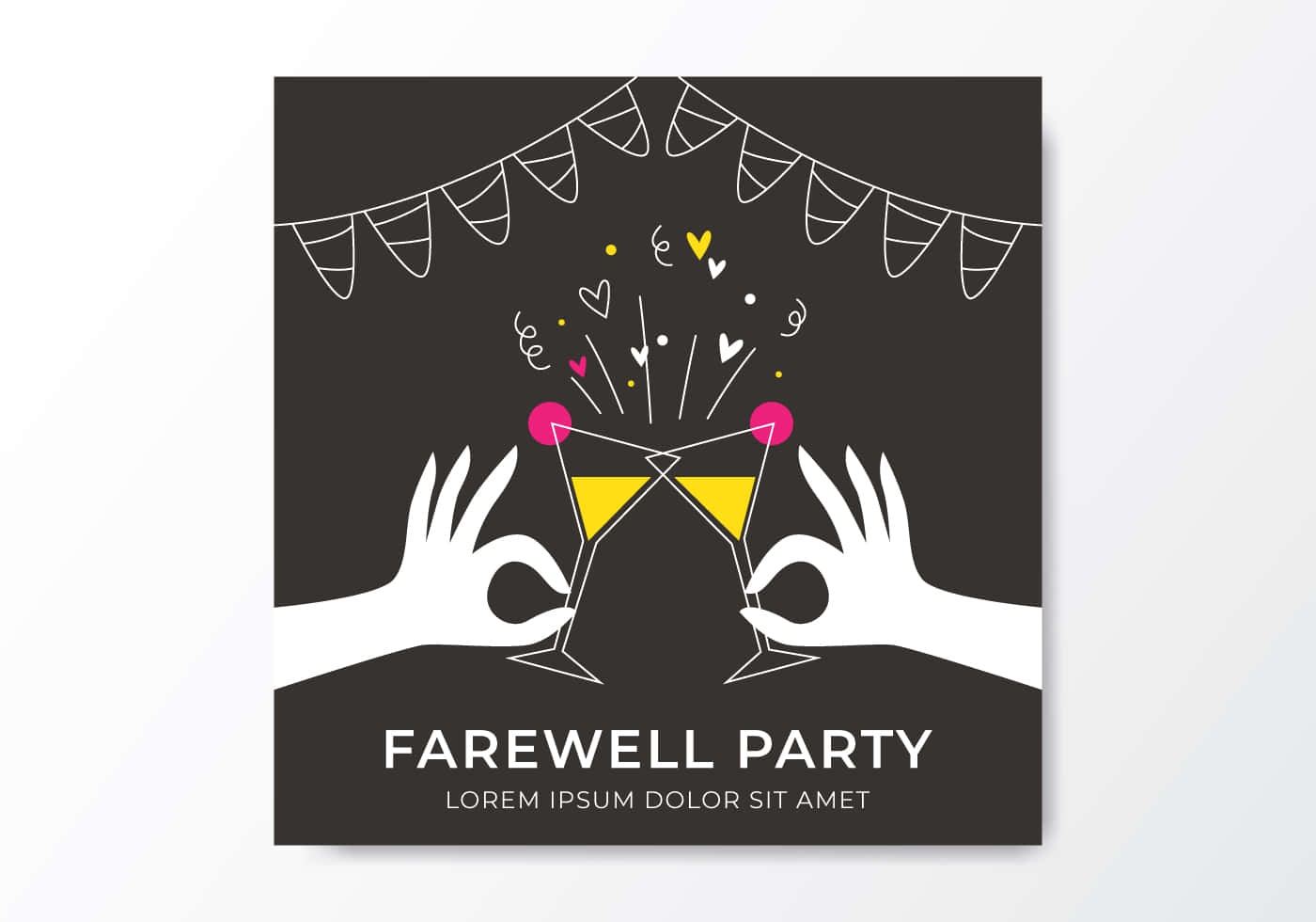 再見！ 壁紙 — 兩隻白手在掛有心形和五彩紙屑的燈串下碰香檳杯，背景為深色。