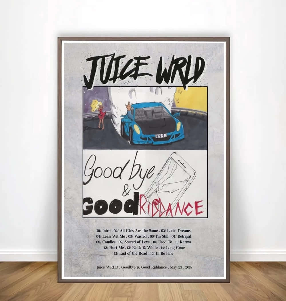 裱框的 Juice WRLD 專輯海報，藍色汽車和金髮女子在星空下。