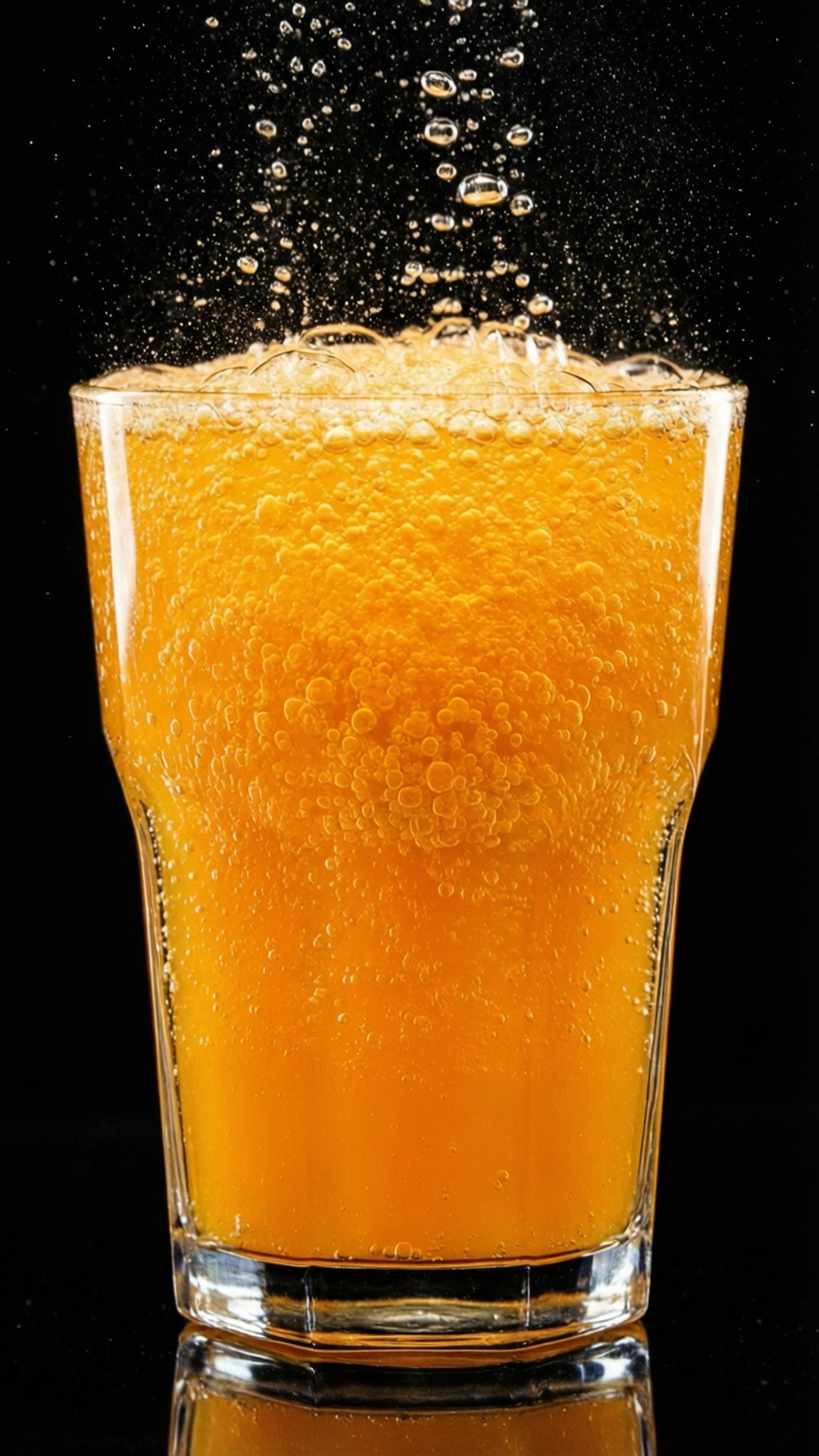 一杯金色碳酸飲料，氣泡在黑色表面上昇。