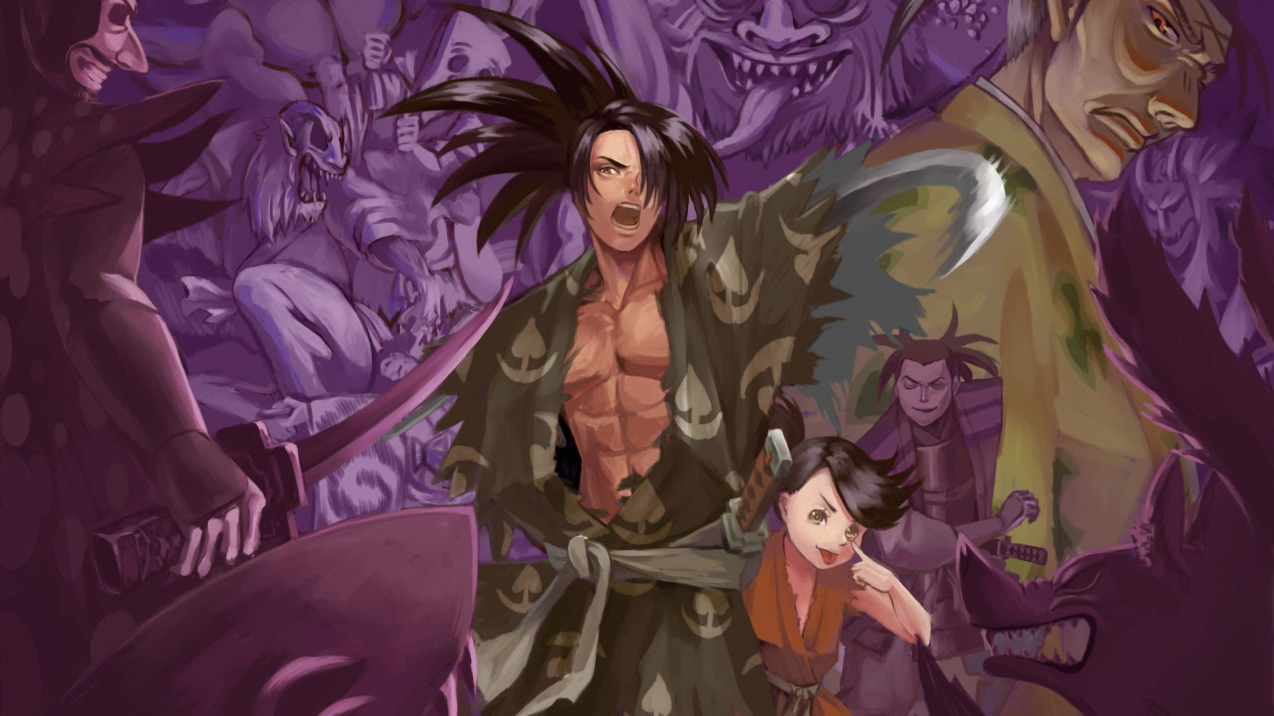 冒險動畫《多羅羅》的主角 壁紙 — 一個兇猛的動漫戰士，有著尖刺的黑髮和綠色長袍，挑釁地站在一群威脅性的紫色惡魔和武裝敵人之間。