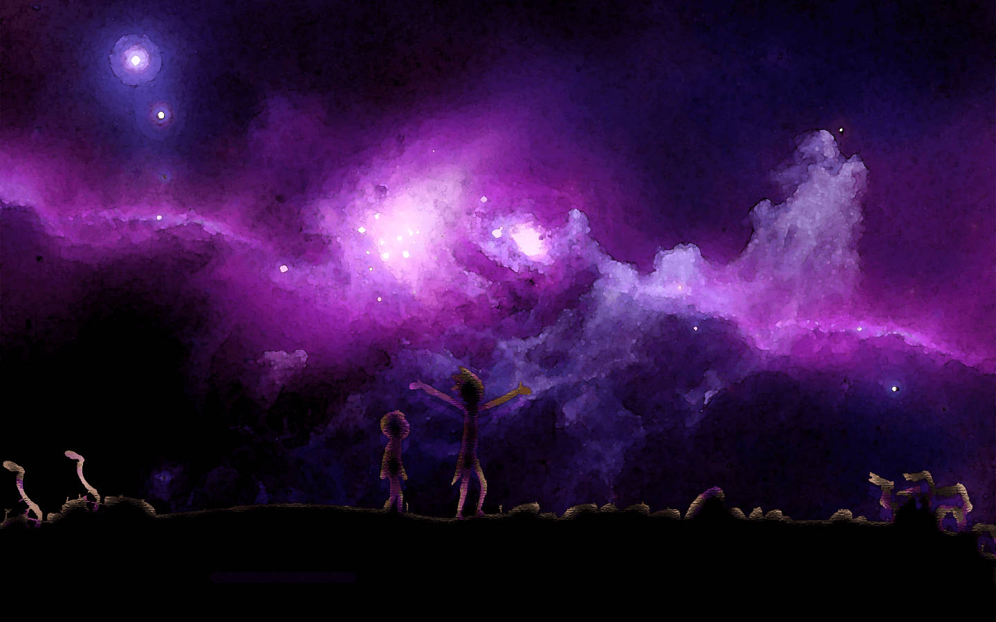 兩個剪影人物在太空中以發光的紫色星雲為背景。 — 瑞克和莫蒂 壁紙