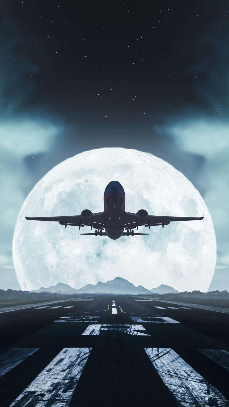 冒險即將開始！ 壁紙 — 飛機在夜間起飛，背景是巨大的月亮，跑道和遠處山脈上方有星星。