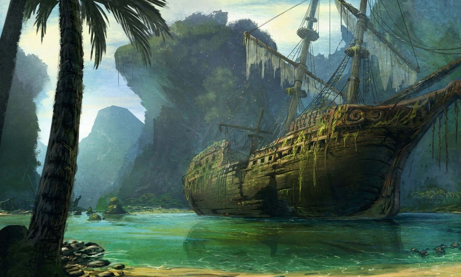 冒險即將開始 壁紙 — 一艘長滿苔蘚的海盜船停泊在棕櫚樹旁的碧綠海水中，天空迷霧籠罩。