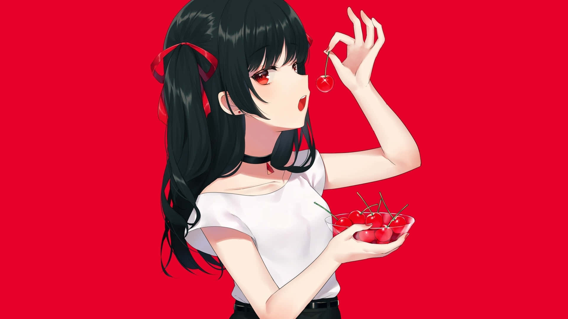 冒險即將開始 - 動漫少女準備探索 壁紙 — 黑髮紅眼動漫女孩在鮮紅色背景前捧著一碗櫻桃。