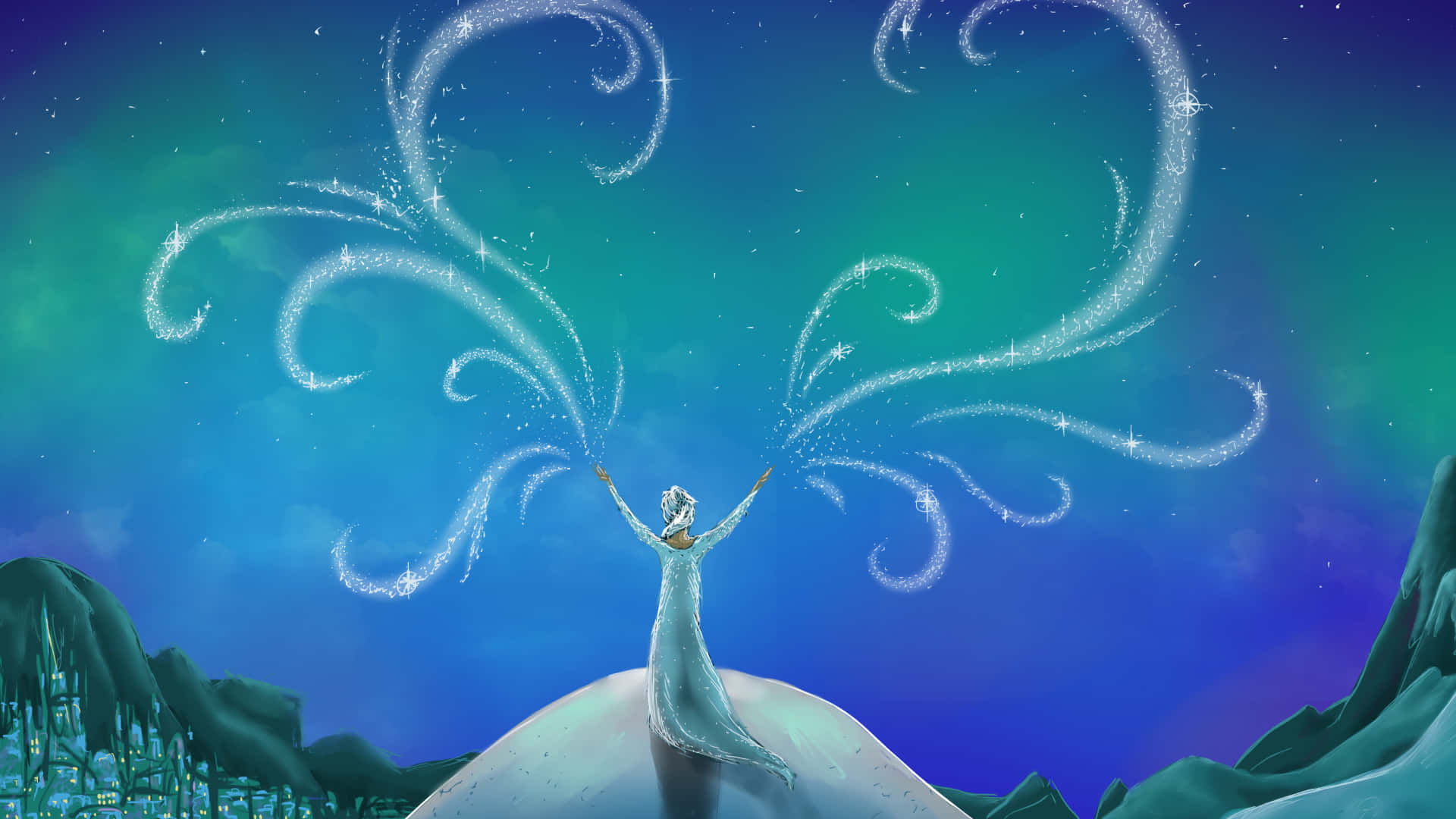 公主在星空下白雪覆蓋的山上召喚旋轉的冰魔法。