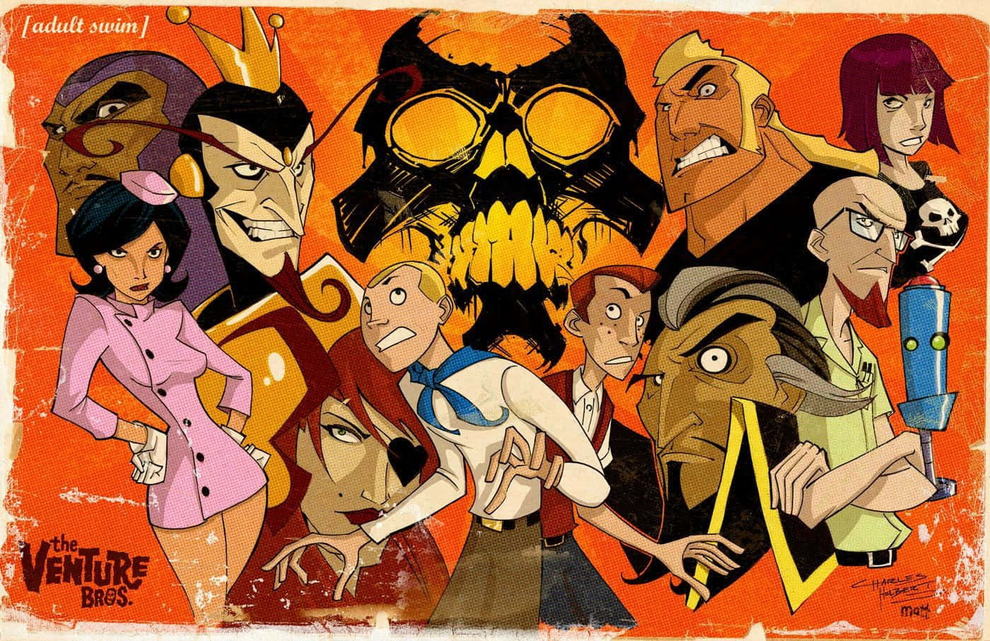 The Venture Bros 動畫角色以風格化的群像呈現，帶有骷髏標誌。