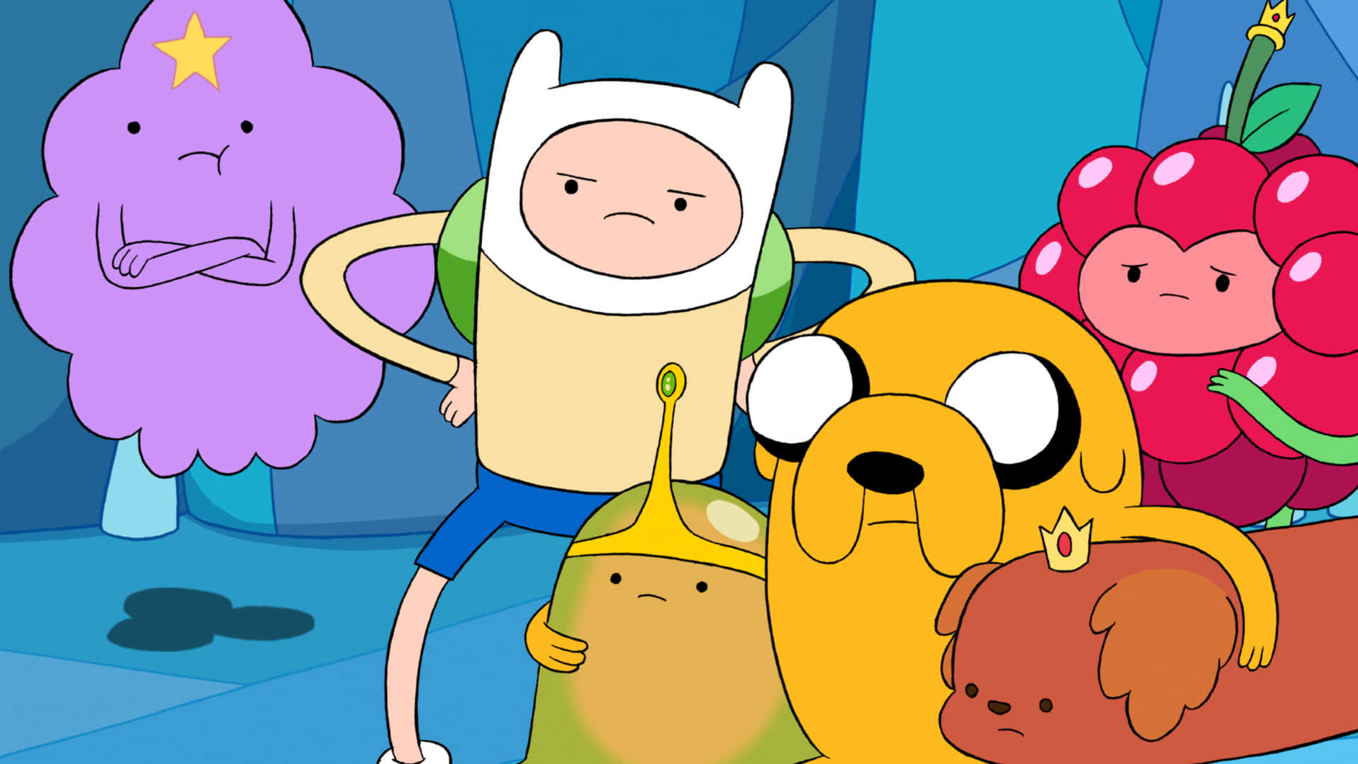 冒險時光角色沮喪畫面 壁紙 — 冒險英雄 Finn、Jake 和朋友們一起站在一個充滿活力的卡通洞穴中，表情豐富。