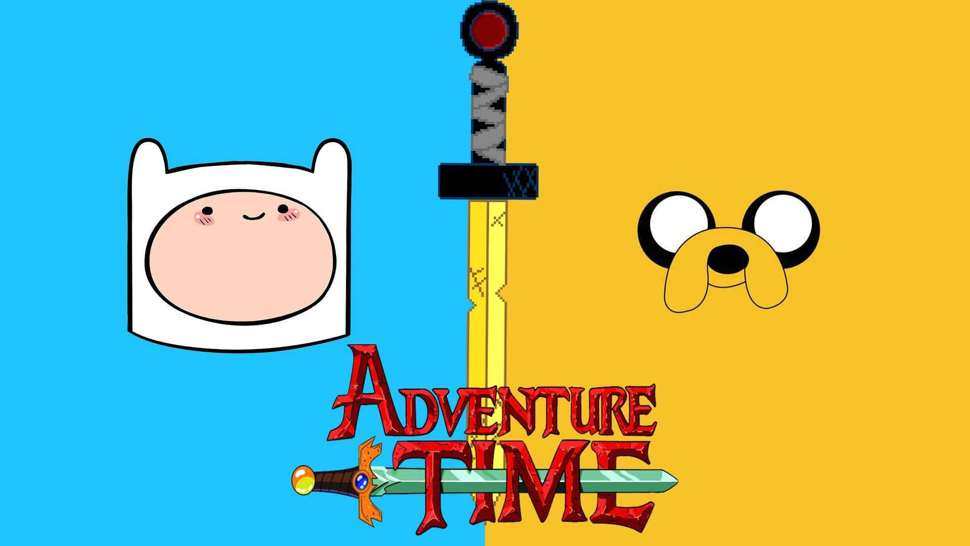 Animated Tv Series 桌布 壁紙 — 冒險時間標誌，芬恩和傑克的臉夾著一把劍，背景為藍色和黃色。