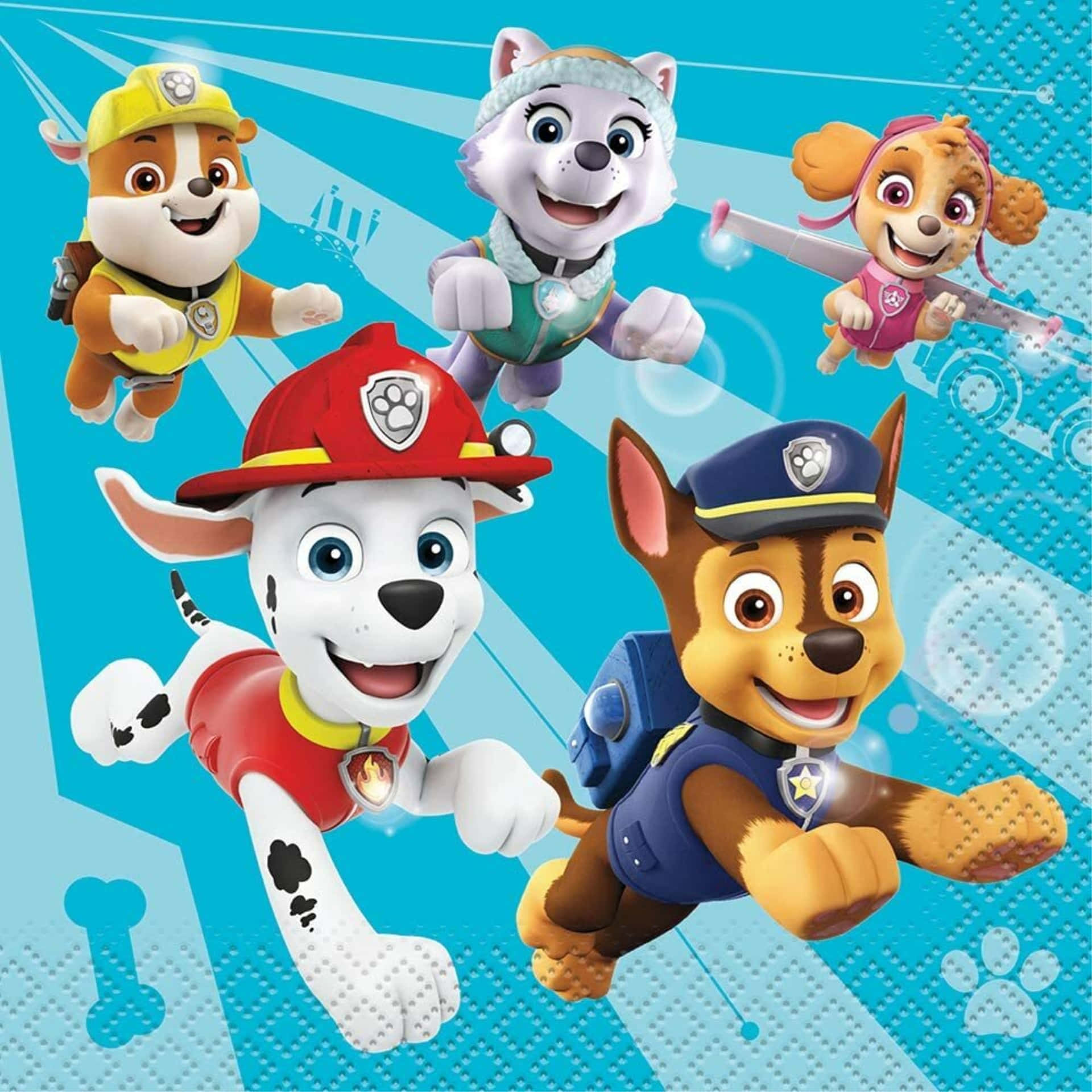 五隻動畫救援犬在藍色圖案背景上帶著裝備飛行。