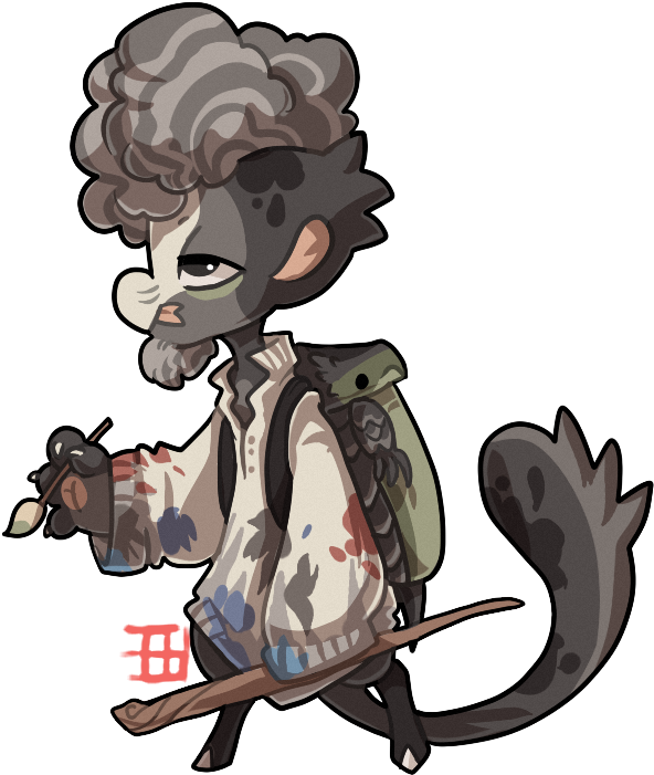冒險的擬人化臭鼬角色 壁紙 — 一隻灰色貓咪藝術家以Q版風格，頭髮凌亂，手持畫筆和調色板，一隻綠色蜥蜴棲息在牠的肩膀上。
