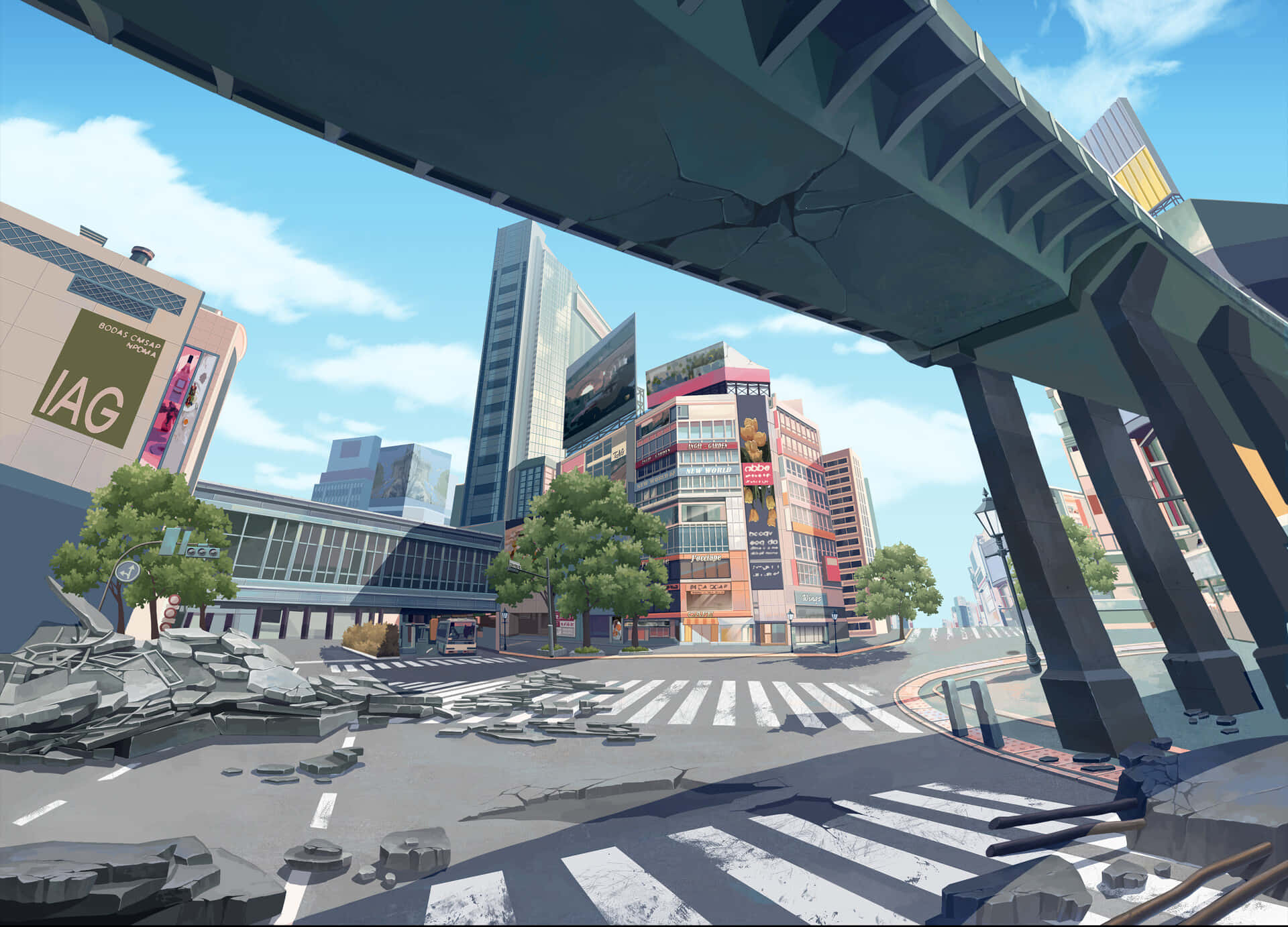 城市街道場景，破裂的人行道和破裂的高架橋，在晴朗的藍天下。